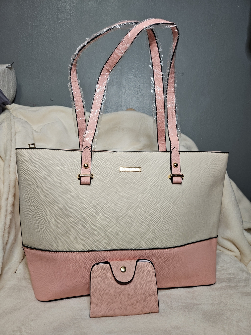 Cream and Pink Two-Tone Tote 13"×10" with Matching Wallet